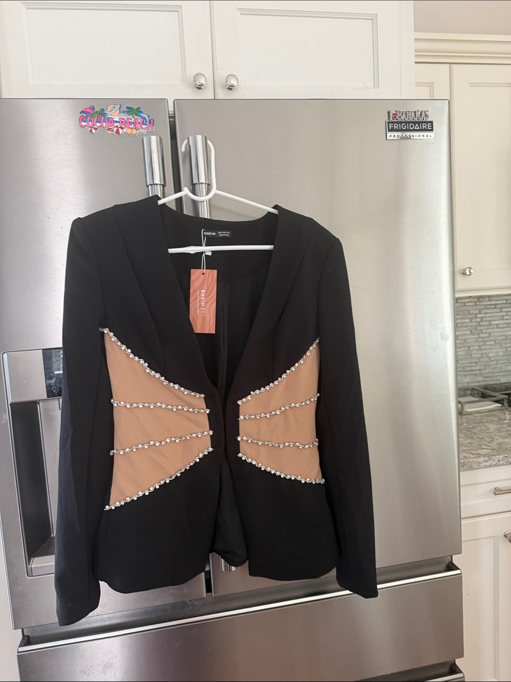 SHEIN Black Blazer with Tan Panels & Rhinestone Trim